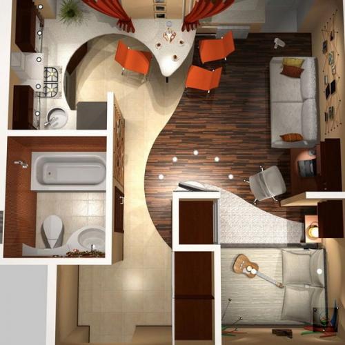 1 ком квартиры дизайн. Форма комнат 19
