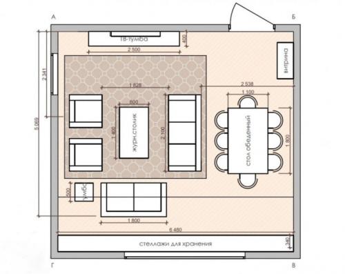 Кухня студия и зал. Планировка 03