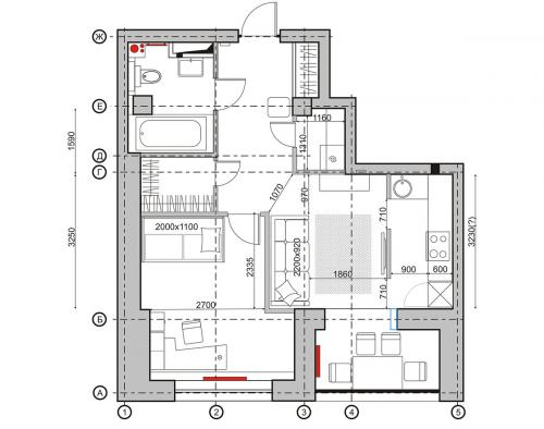 Dizajnerski projekt unutrašnjosti dvosobnog stana površine 58,2 kvadrata. m na crtežima: