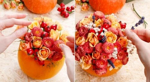 Ваза из тыквы с цветами из овощей. Ход работы 06