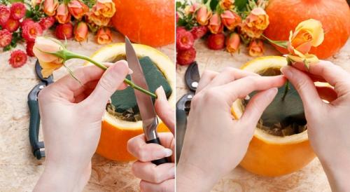 Поделка ваза с цветами из тыквы. Композиция из тыквы 06