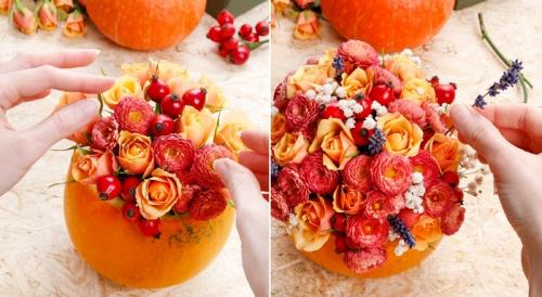 Поделка ваза с цветами из тыквы. Композиция из тыквы 07