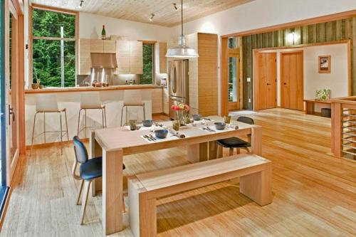 Интерьер кухни-гостиной в деревянном доме. Выбор стиля кухни с деревянными стенами