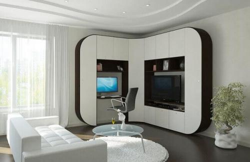 Угловая стенка в гостиную в современном стиле. Плюсы и минусы угловых стенок в интерьере гостиной 07