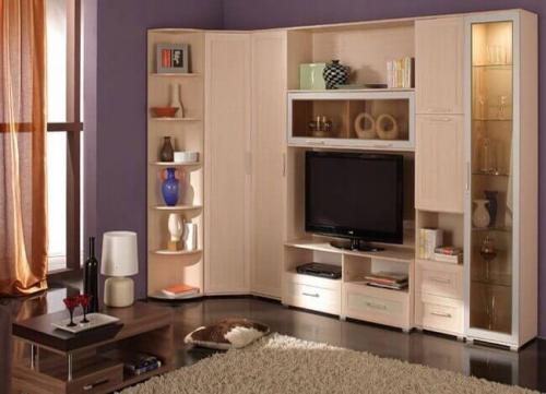 Угловая стенка в гостиную в современном стиле. Плюсы и минусы угловых стенок в интерьере гостиной 06