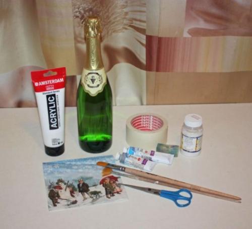 Декупаж стеклянной бутылки под вазу. Инструменты и материалы для работы