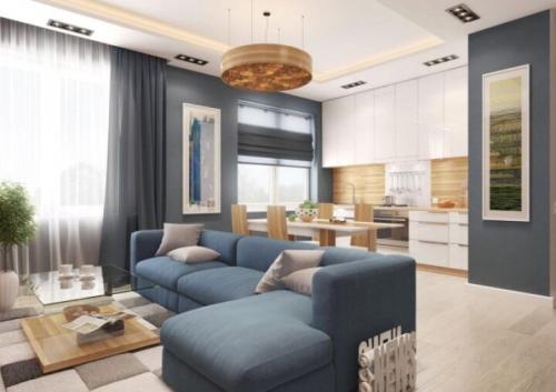 Как оформить уютную комнату студию с функциональной кухней 35