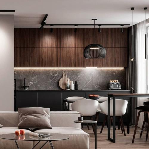 Натуральный шпон в интерьере кухни - гостиной площадью 24 кв. 04