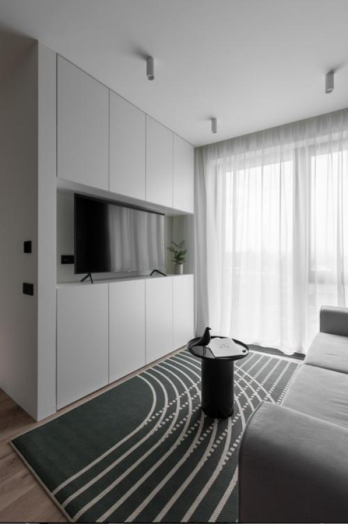 Этот проект создан для молодого человека, который работает из дома, любит готовить и не любит лишних деталей в интерьере (55 кв. 03