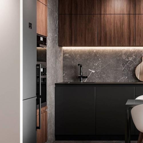 Натуральный шпон в интерьере кухни - гостиной площадью 24 кв. 01