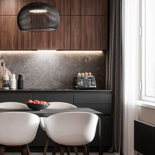 Натуральный шпон в интерьере кухни - гостиной площадью 24 кв. 02