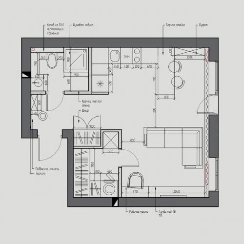 Современный проект квартиры - студии 30 кв. 09