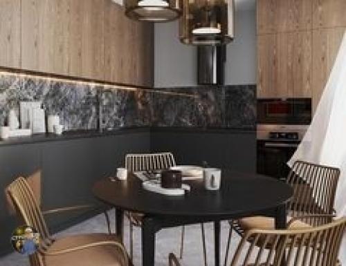 Еще один интересный формат оформления кухни объединенной с гостиной. 01