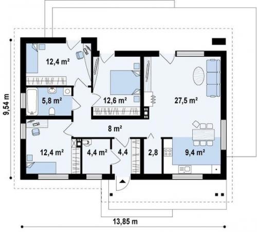 Проект небольшого одноуровневого частного дома S3-100. 01