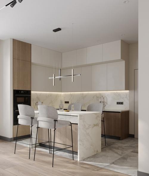 Дизайн - проект кухни - гостиной в натуральных песочных оттенках 48, 5 м 2. 01