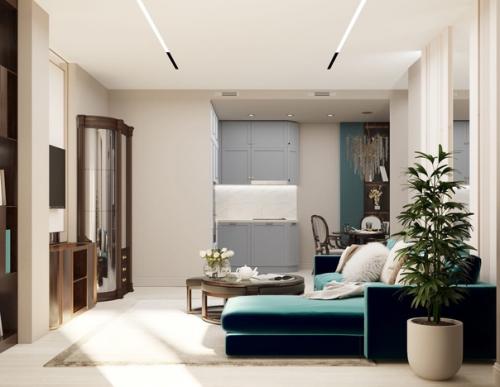 Кухня - гостиная, дизайн - проект в ЖК Гагарин Резиденс, в моем любимом стиле современная классика, с яркими акцентами. 07