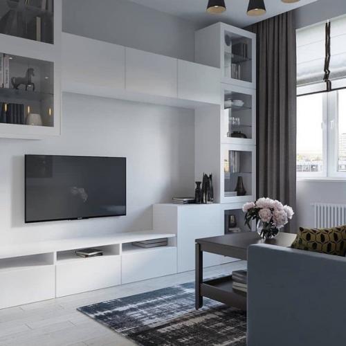 Стильный вариант дизайна небольшой квартиры в светлых тонах с интересными голубыми акцентами. 07