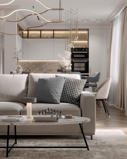 Классика в современном исполнении в этой кухне - гостиной будет актуальна очень долгое время. 08