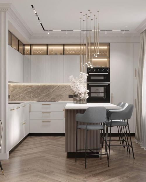 Классика в современном исполнении в этой кухне - гостиной будет актуальна очень долгое время. 01