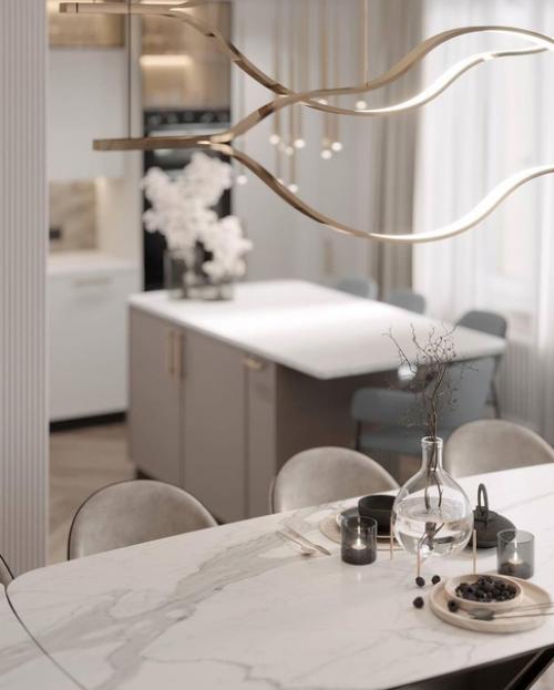 Классика в современном исполнении в этой кухне - гостиной будет актуальна очень долгое время. 09