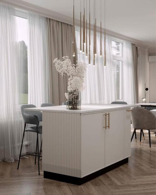 Классика в современном исполнении в этой кухне - гостиной будет актуальна очень долгое время. 04