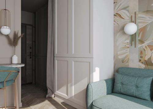 Проект маленькой квартиры - студии всего 14 м 2 (длина 4, 56 х ширина 3, 15 м) с комнатой 9 м 2! 05