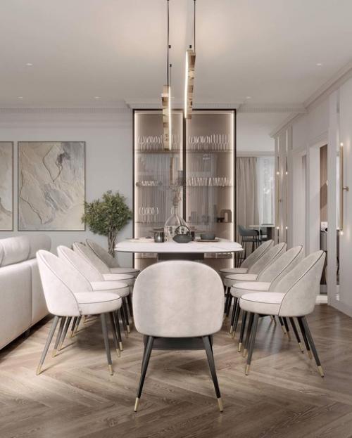 Классика в современном исполнении в этой кухне - гостиной будет актуальна очень долгое время. 02