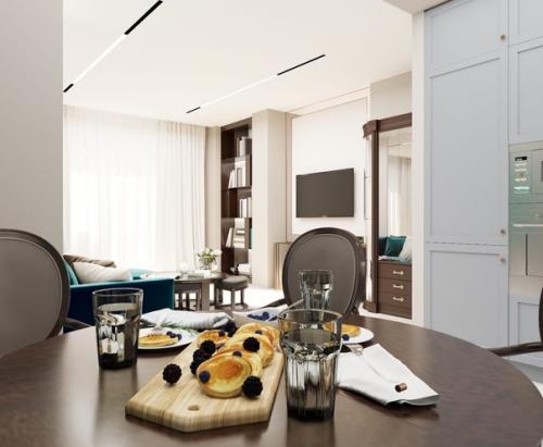 Кухня - гостиная, дизайн - проект в ЖК Гагарин Резиденс, в моем любимом стиле современная классика, с яркими акцентами. 02