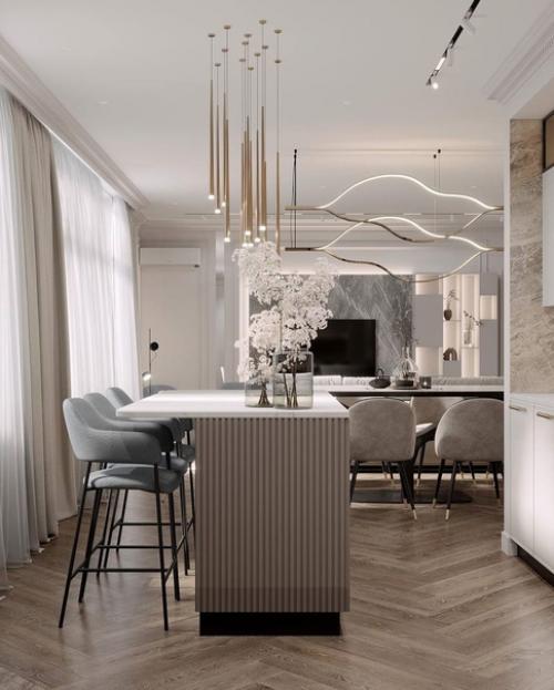 Классика в современном исполнении в этой кухне - гостиной будет актуальна очень долгое время. 03