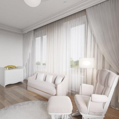 Интерьер этой детской мы выполнили преимущественно в белом цвете, разбавив его монохромность розовыми элементами. 02