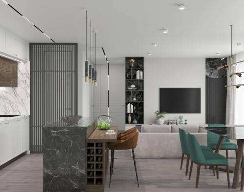 Современный интерьер кухни - гостиной. 07