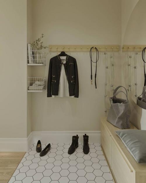 Интерьер прихожей. В этом проекте в грязной зоне используются белые гексагоны с темной затиркой. 01