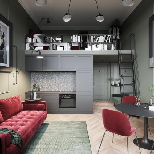 Двухуровневая студия в центре питера для девушки, живущей на два города и прибывающей в культурной столице примерно 50% года. 01