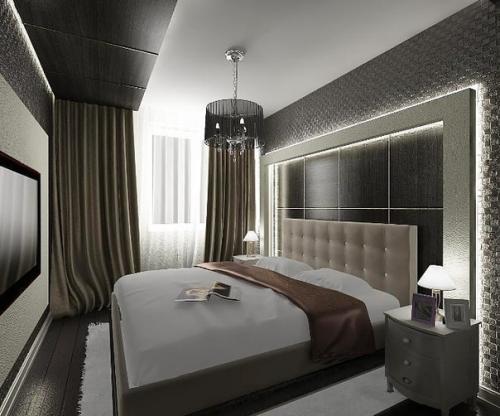 Интерьер узкой спальни обладает спецификой, расходящейся ко множеству вариантов. 01