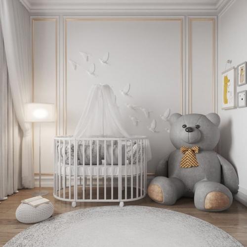 Интерьер этой детской мы выполнили преимущественно в белом цвете, разбавив его монохромность розовыми элементами. 04