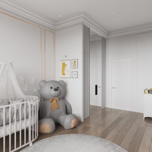 Интерьер этой детской мы выполнили преимущественно в белом цвете, разбавив его монохромность розовыми элементами. 01