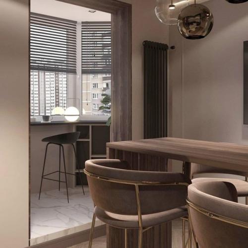 Тёплые, плотные, обволакивающие оттенки в сочетании со вкусным карамельно - шоколадным цветом дерева и ткани, интерьер кухни площадью 10 кв. 05