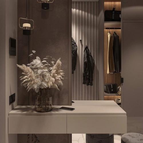 Тёплые, плотные, обволакивающие оттенки в сочетании со вкусным карамельно - шоколадным цветом дерева и ткани, интерьер кухни площадью 10 кв. 08