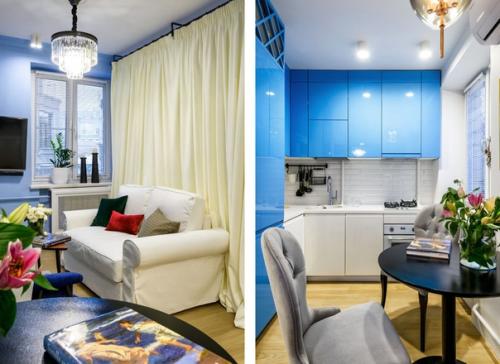 Интерьер квартиры 29 м с синими стенами. 05
