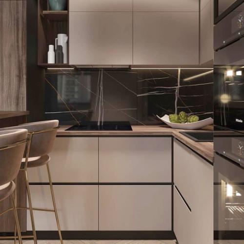 Тёплые, плотные, обволакивающие оттенки в сочетании со вкусным карамельно - шоколадным цветом дерева и ткани, интерьер кухни площадью 10 кв. 01