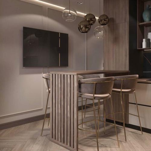 Тёплые, плотные, обволакивающие оттенки в сочетании со вкусным карамельно - шоколадным цветом дерева и ткани, интерьер кухни площадью 10 кв. 04