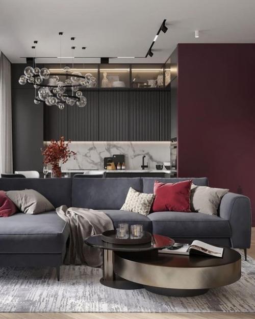 Выразительная и колоритная кухня - гостиная в современном стиле. 01