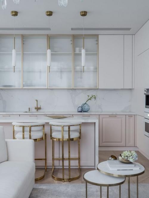 Интерьер кухни - гостиной в светлых пастельных тонах. 02