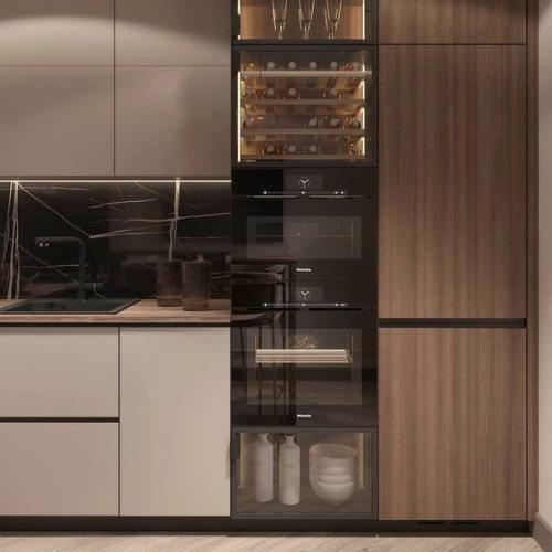 Тёплые, плотные, обволакивающие оттенки в сочетании со вкусным карамельно - шоколадным цветом дерева и ткани, интерьер кухни площадью 10 кв. 02