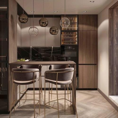Тёплые, плотные, обволакивающие оттенки в сочетании со вкусным карамельно - шоколадным цветом дерева и ткани, интерьер кухни площадью 10 кв. 03