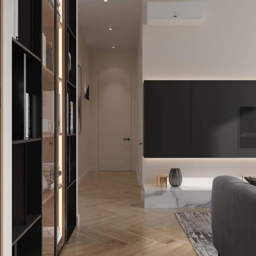 Кухня - гостиная. На кухонных фасадах темно-серого цвета не будут оставаться отпечатки пальцев, благодаря специальному покрытию. 05