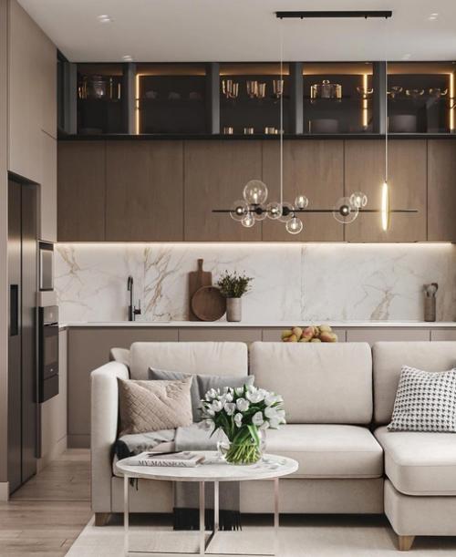 Интерьер кухни, объединенной с гостиной. 02