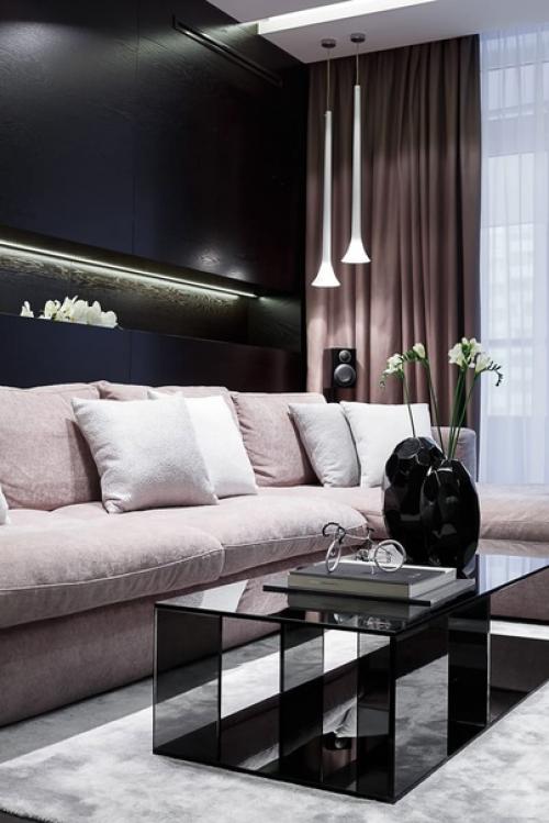 Современный интерьер кухни, объединенной с гостиной. 01