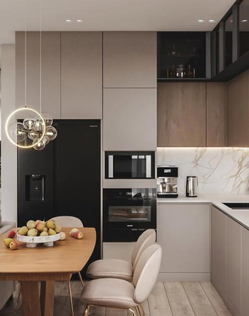 Интерьер кухни, объединенной с гостиной. 01