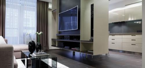 Современный интерьер кухни, объединенной с гостиной. 02